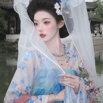 Set two piese albastru deschis, inspirat de hanfu, pentru femei: top cu mâneci largi până la piept și fustă brodată cu motive florale, primăvară-vară, stil chinezesc, Tang-stil