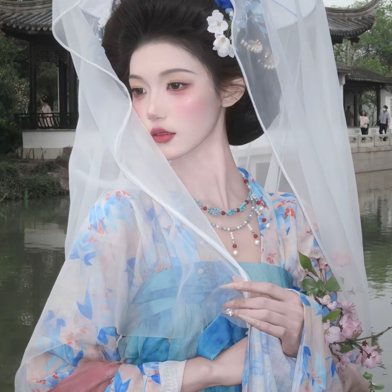Set two piese albastru deschis, inspirat de hanfu, pentru femei: top cu mâneci largi până la piept și fustă brodată cu motive florale, primăvară-vară, stil chinezesc, Tang-stil