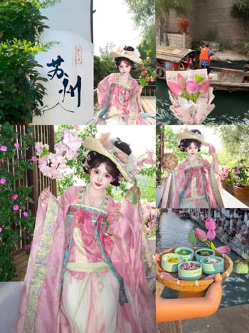 Hanfu în stil Tang, cu două moduri de purtare, panouri brodate flotante, lungime până la talie și până la bust, set de patru piese, construcție robustă
