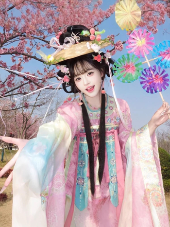Hanfu în stil Tang, cu două moduri de purtare, panouri brodate flotante, lungime până la talie și până la bust, set de patru piese, construcție robustă