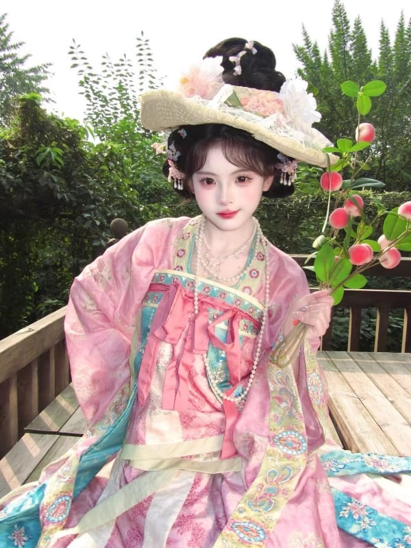 Hanfu în stil Tang, cu două moduri de purtare, panouri brodate flotante, lungime până la talie și până la bust, set de patru piese, construcție robustă