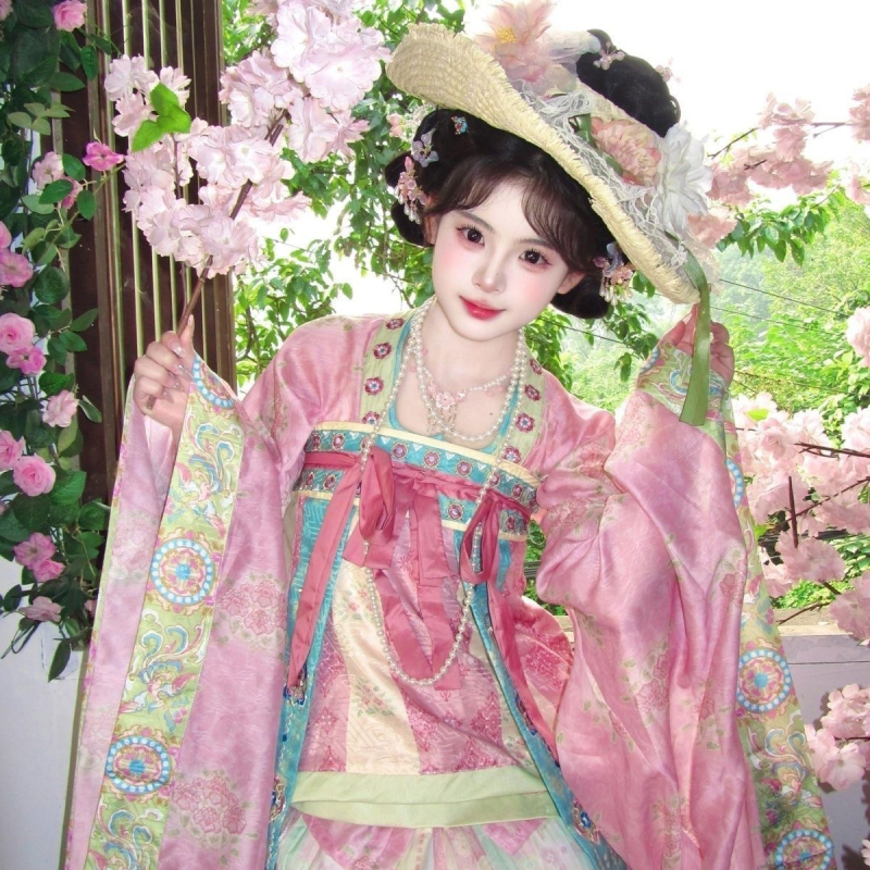 Hanfu în stil Tang, cu două moduri de purtare, panouri brodate flotante, lungime până la talie și până la bust, set de patru piese, construcție robustă