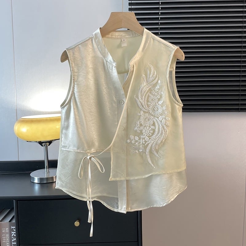 Novi kineski Tang stil Hanfu, saten jacquard kardigan-vest s okruglim izrezom i bogatim vezom