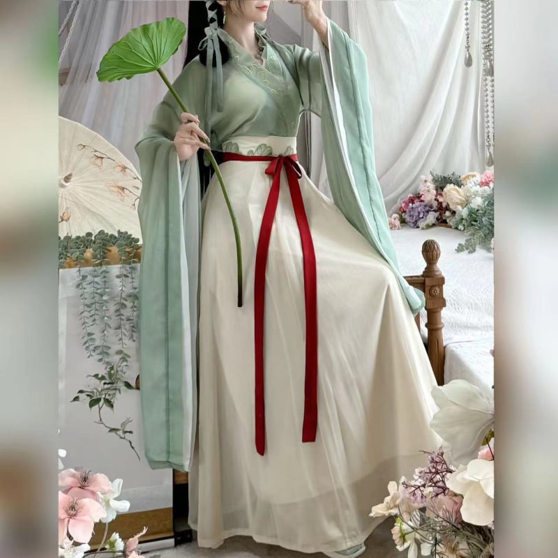 Hanfu feminin, inspirație din dinastiile Nordice și Sudice, cu mâneci largi și fustă perforată dintr-o singură piesă, siluetă slim pentru primăvară și vară