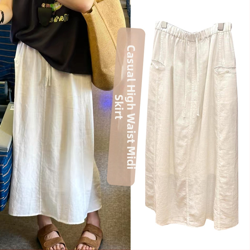 Tehotenská ľanová midi sukňa, jednofarebná, splývavá silueta, elegantný vysoký pás, letné ležérne