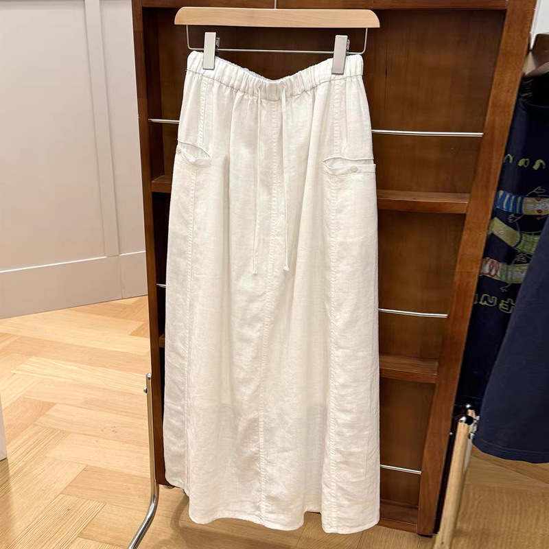 Fustă midi de maternitate din in, culoare solidă, vaporoasă, talie înaltă elegantă, vară casual