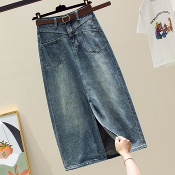 Fustă midi din denim cu slit, buzunare, talie înaltă, croială slim, formă pară, design de nișă, stil vintage