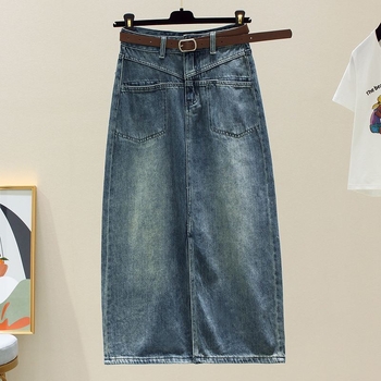 Fustă midi din denim cu slit, buzunare, talie înaltă, croială slim, formă pară, design de nișă, stil vintage