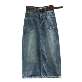 Fustă midi din denim cu slit, buzunare, talie înaltă, croială slim, formă pară, design de nișă, stil vintage