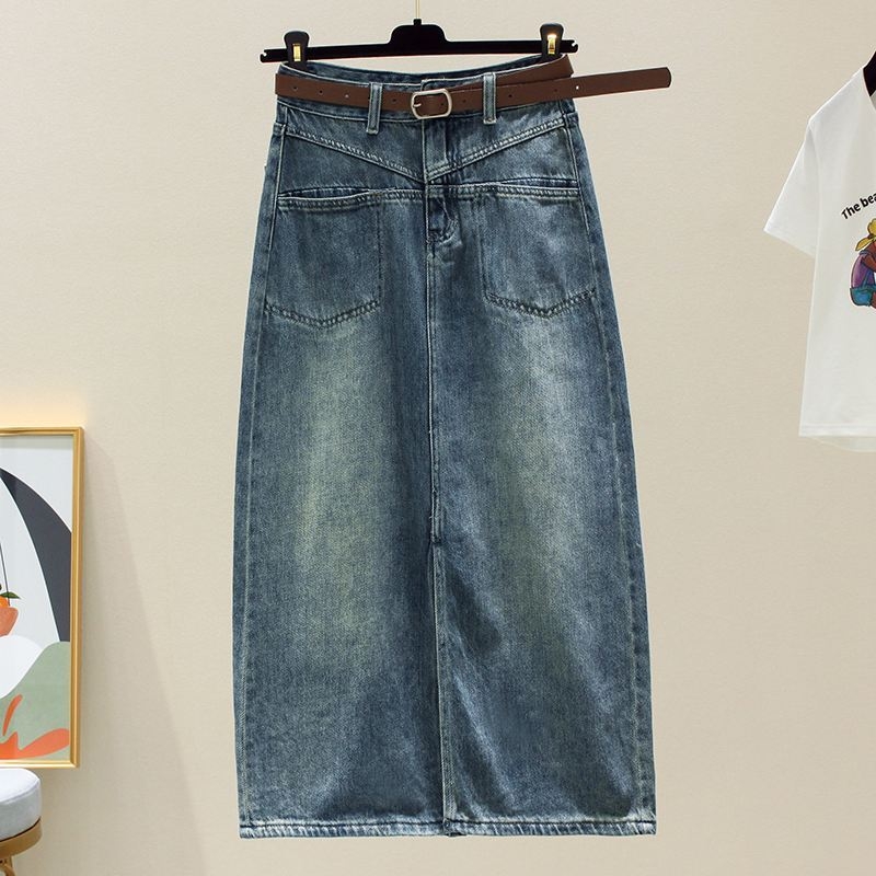 Fustă midi din denim cu slit, buzunare, talie înaltă, croială slim, formă pară, design de nișă, stil vintage