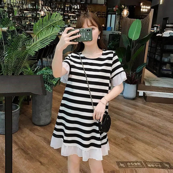 Rochie de maternitate în dungi, lungime medie, croială lejeră, linie A, mâneci 3/4, plus size, vară