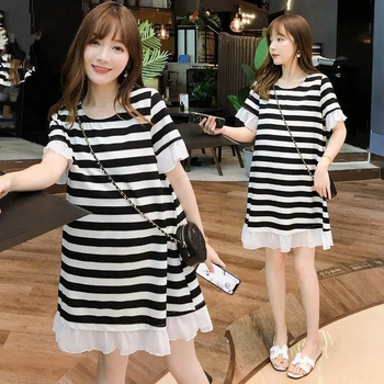 Rochie de maternitate în dungi, lungime medie, croială lejeră, linie A, mâneci 3/4, plus size, vară