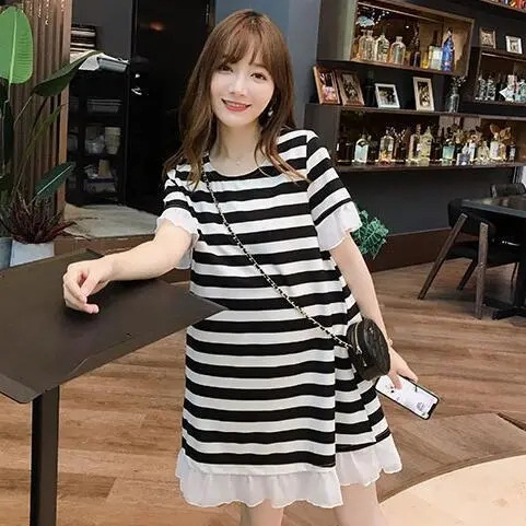 Rochie de maternitate în dungi, lungime medie, croială lejeră, linie A, mâneci 3/4, plus size, vară