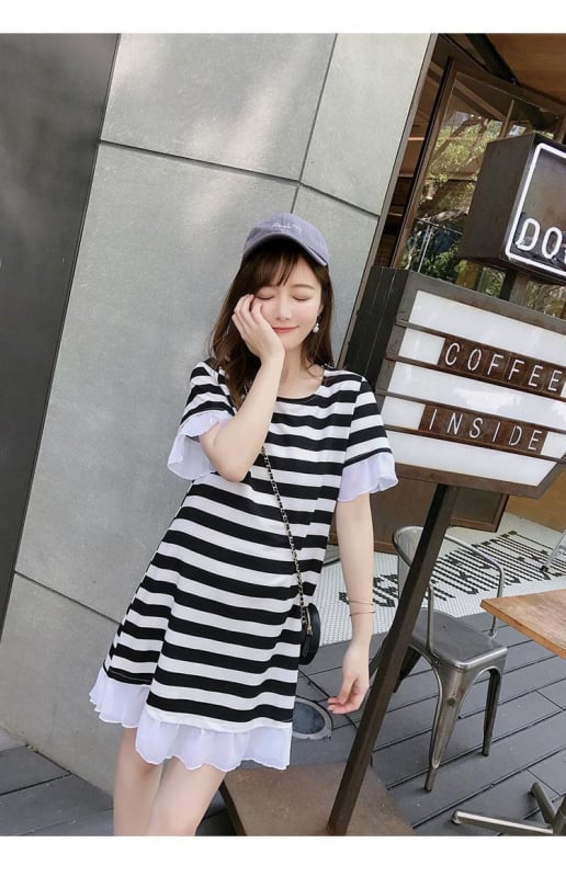 Rochie de maternitate în dungi, lungime medie, croială lejeră, linie A, mâneci 3/4, plus size, vară