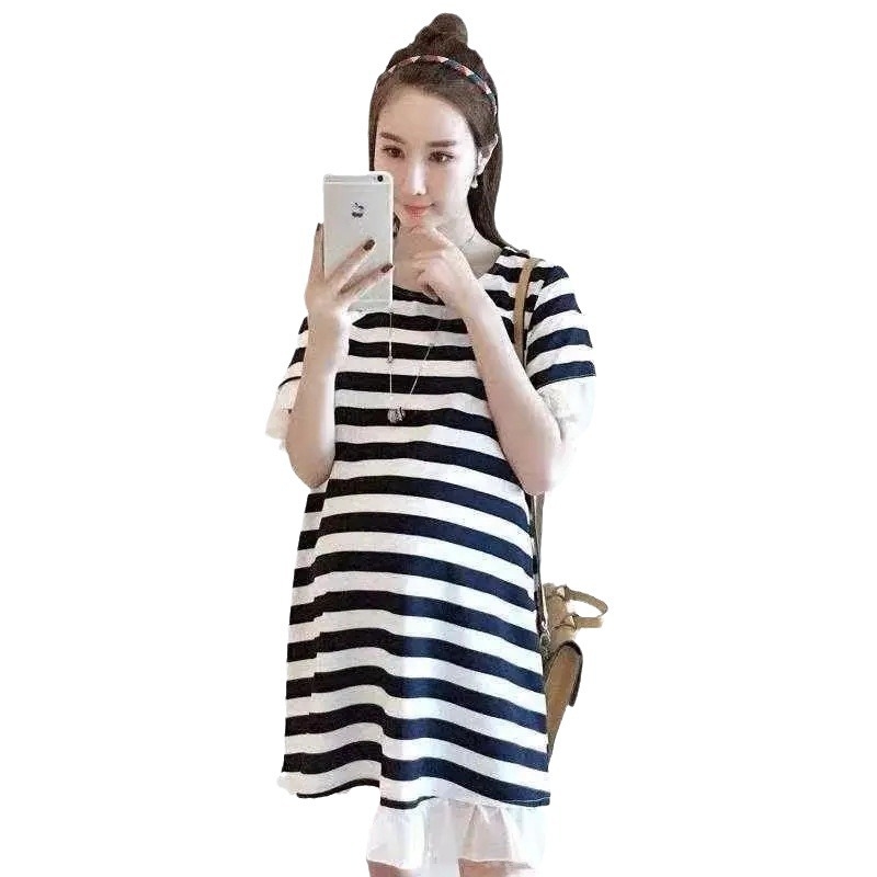 Rochie de maternitate în dungi, lungime medie, croială lejeră, linie A, mâneci 3/4, plus size, vară