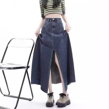 Fustă denim midi cu slit, talie înaltă, croială A-line, lungime medie, stil retro Hong Kong