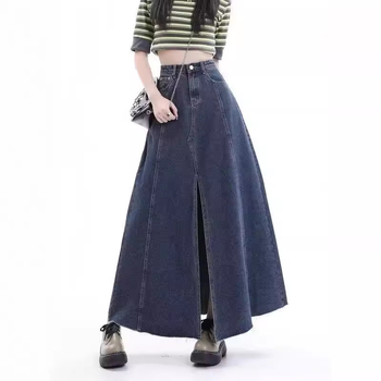 Fustă denim midi cu slit, talie înaltă, croială A-line, lungime medie, stil retro Hong Kong