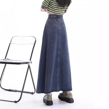 Fustă denim midi cu slit, talie înaltă, croială A-line, lungime medie, stil retro Hong Kong