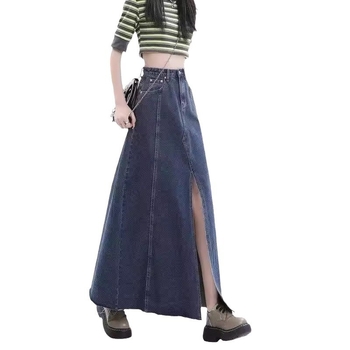 Fustă denim midi cu slit, talie înaltă, croială A-line, lungime medie, stil retro Hong Kong