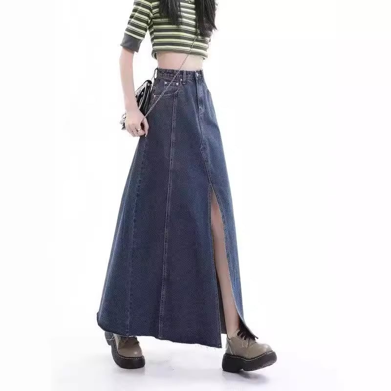 Fustă denim midi cu slit, talie înaltă, croială A-line, lungime medie, stil retro Hong Kong