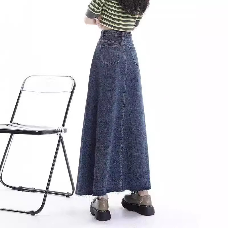 Fustă denim midi cu slit, talie înaltă, croială A-line, lungime medie, stil retro Hong Kong