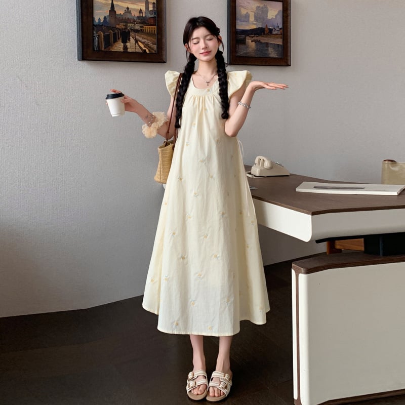 Rochie de maternitate de vară în stil franțuzesc, broderie detaliată și imprimeu floral, proaspătă