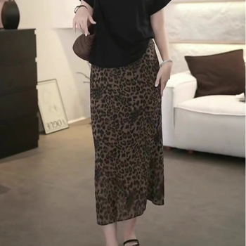 Fustă midi leopard în culoare cafea, talie înaltă, floral retro, casual și versatil