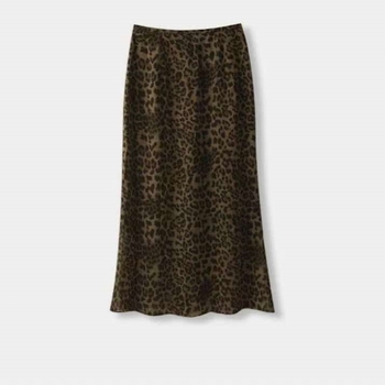 Fustă midi leopard în culoare cafea, talie înaltă, floral retro, casual și versatil