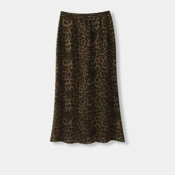 Fustă midi leopard în culoare cafea, talie înaltă, floral retro, casual și versatil