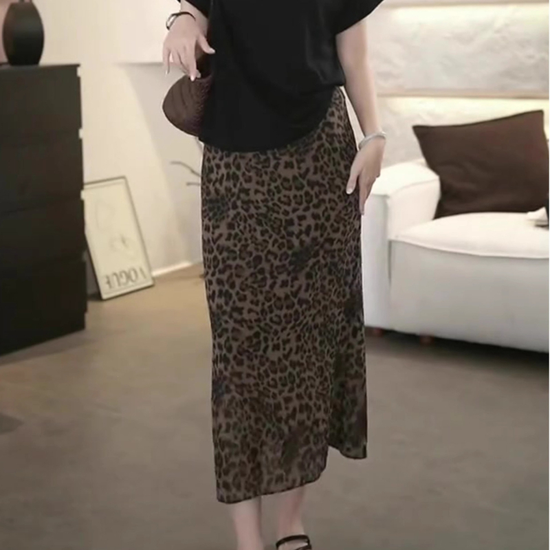 Fustă midi leopard în culoare cafea, talie înaltă, floral retro, casual și versatil