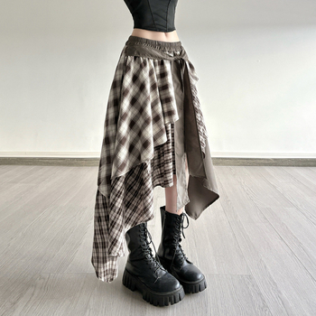 Koreai stílusú szabálytalan kockás patchwork midi szoknya nőknek, réteges dizájn, retro cake szegélyű hosszú szoknya