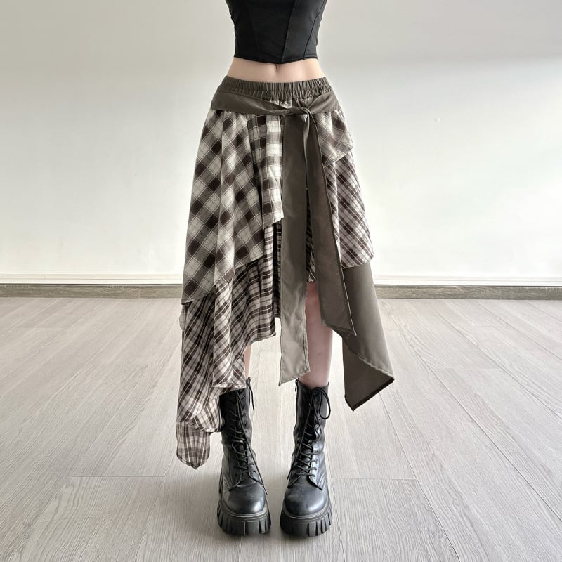 Koreai stílusú szabálytalan kockás patchwork midi szoknya nőknek, réteges dizájn, retro cake szegélyű hosszú szoknya