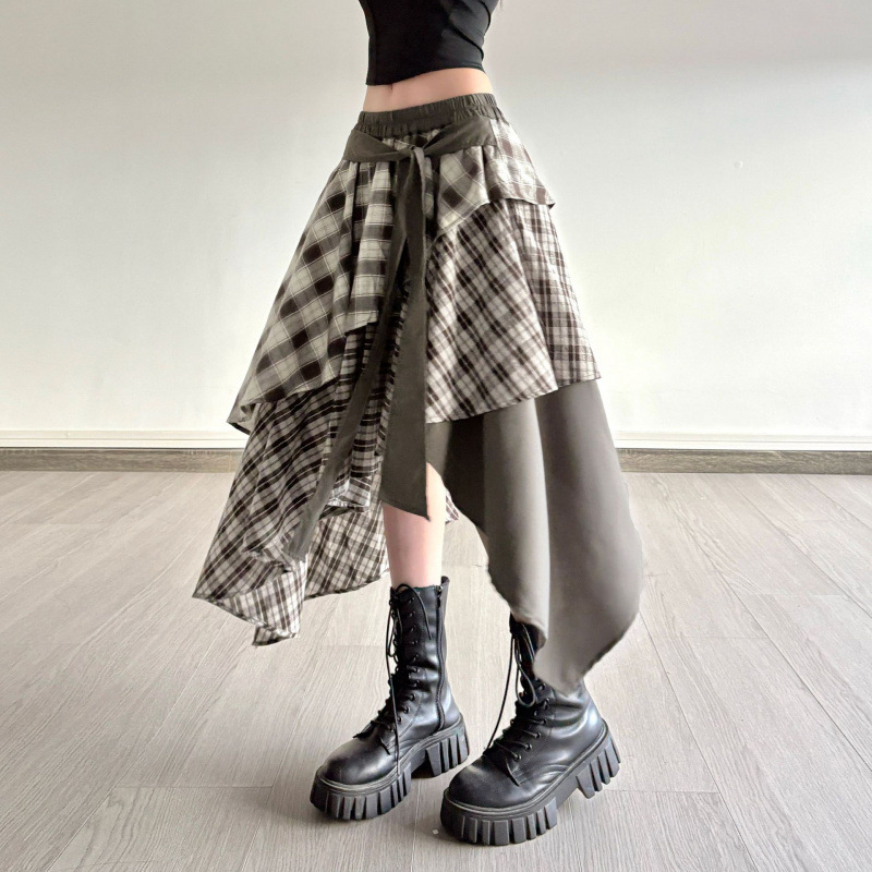Koreai stílusú szabálytalan kockás patchwork midi szoknya nőknek, réteges dizájn, retro cake szegélyű hosszú szoknya
