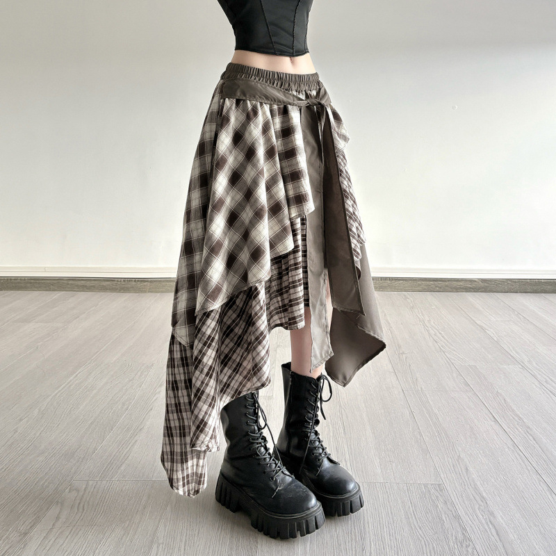 Koreai stílusú szabálytalan kockás patchwork midi szoknya nőknek, réteges dizájn, retro cake szegélyű hosszú szoknya