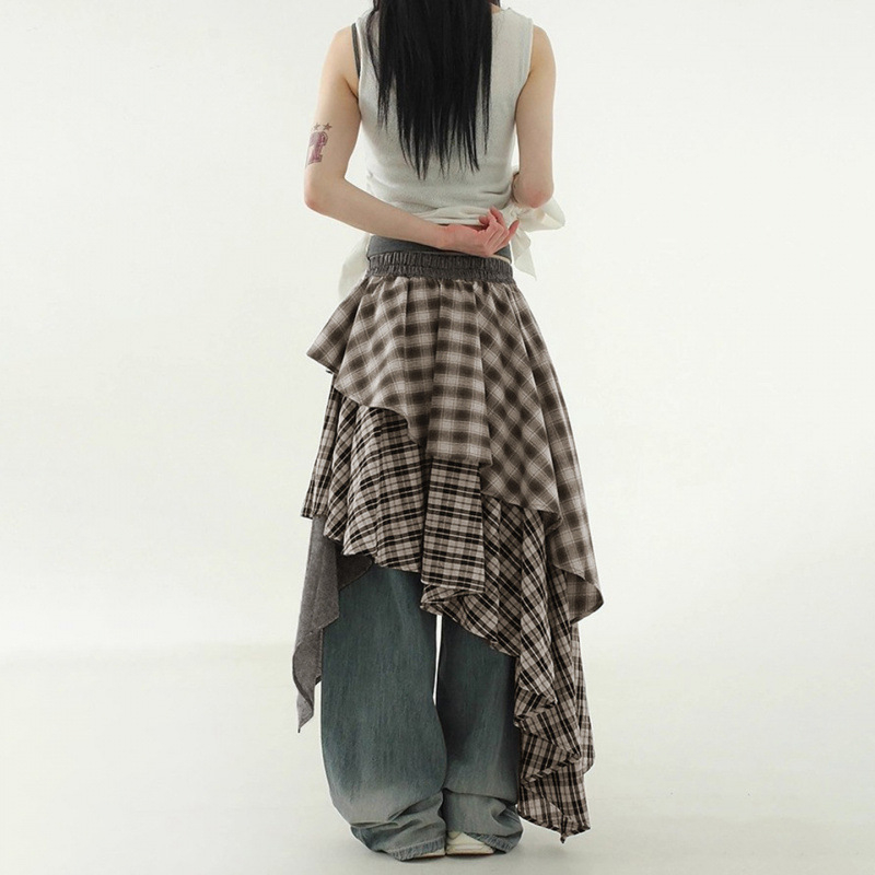 Koreai stílusú szabálytalan kockás patchwork midi szoknya nőknek, réteges dizájn, retro cake szegélyű hosszú szoknya