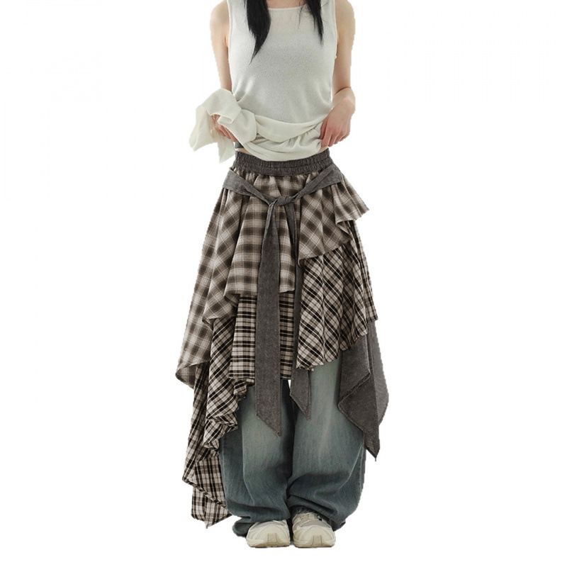 Koreai stílusú szabálytalan kockás patchwork midi szoknya nőknek, réteges dizájn, retro cake szegélyű hosszú szoknya