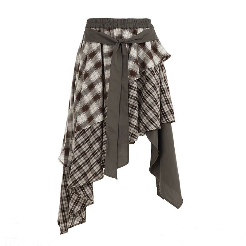 Koreai stílusú szabálytalan kockás patchwork midi szoknya nőknek, réteges dizájn, retro cake szegélyű hosszú szoknya