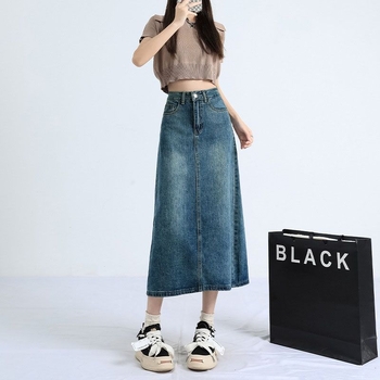 Magas derékú denim midi szoknya hasítékkal, női, A-vonal, 2025
