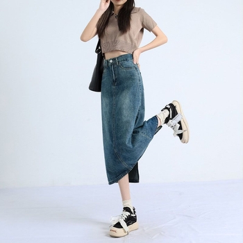 Magas derékú denim midi szoknya hasítékkal, női, A-vonal, 2025