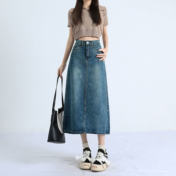 Magas derékú denim midi szoknya hasítékkal, női, A-vonal, 2025