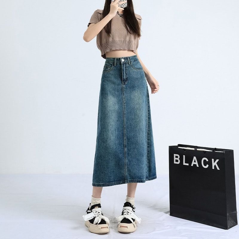 Magas derékú denim midi szoknya hasítékkal, női, A-vonal, 2025
