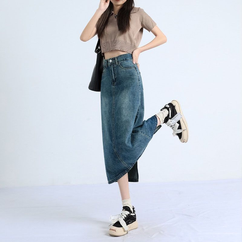 Magas derékú denim midi szoknya hasítékkal, női, A-vonal, 2025