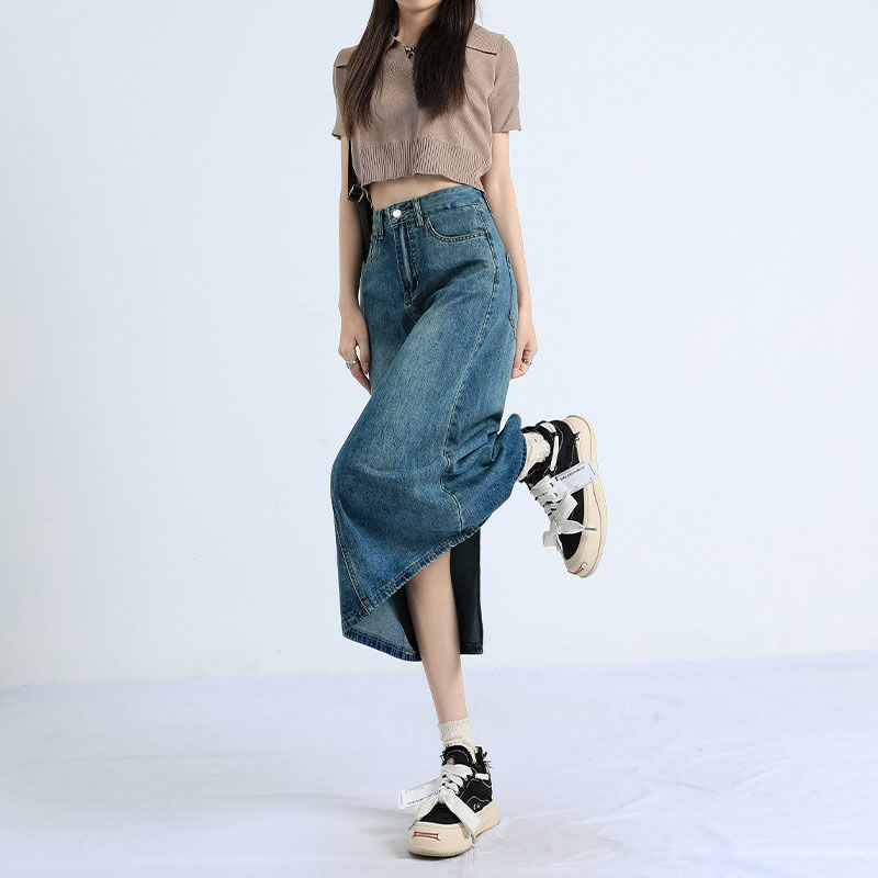 Magas derékú denim midi szoknya hasítékkal, női, A-vonal, 2025