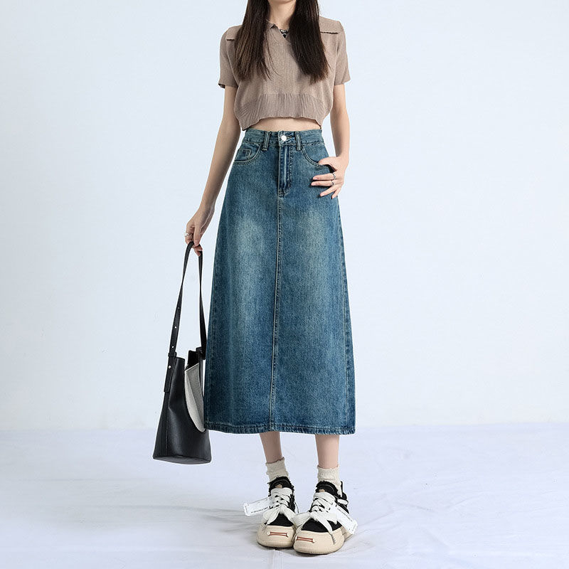 Magas derékú denim midi szoknya hasítékkal, női, A-vonal, 2025
