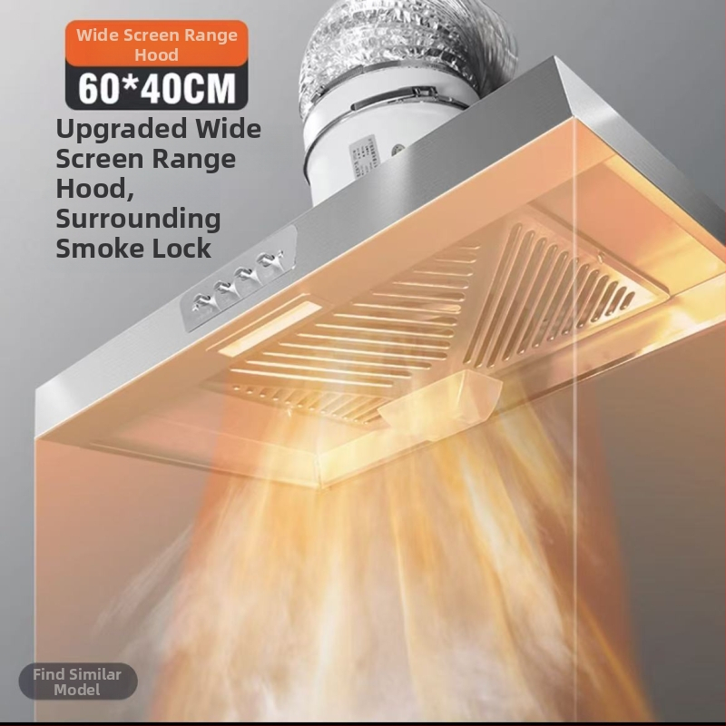 Kuchynský odsávací ventilátor s šikmým osvetlením z nehrdzavejúcej ocele s tlačidlovým ovládaním a silným saním, určený pre nájomné bývanie