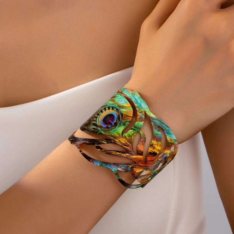 Brățară din aliaj cu imprimeu paun pentru femei — accesoriu îndrăzneț și creativ pentru petreceri stradale