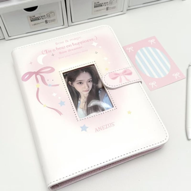 Album foto și carduri cu fereastră transparentă și funda, 3 inch, legare cu foi detașabile, spațiu mare pentru carduri