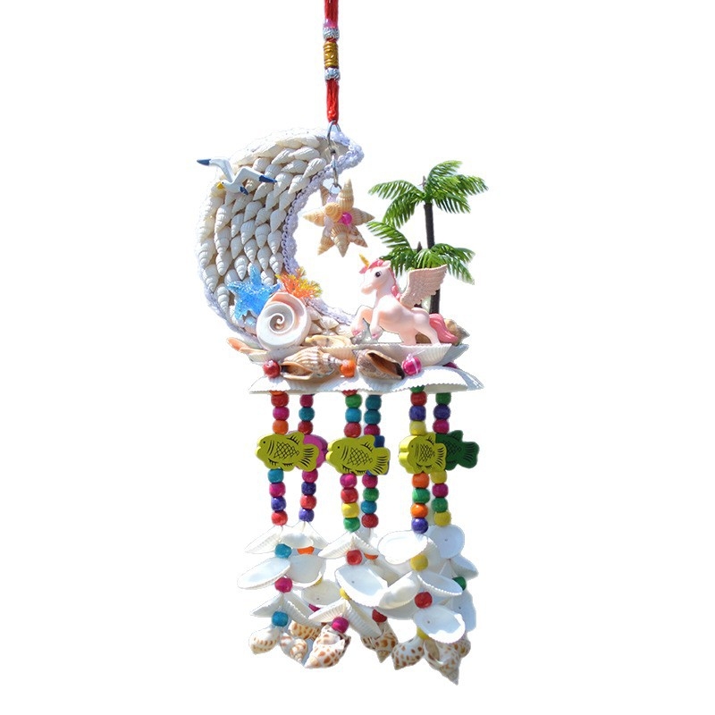 Clopoțel de vânt din scoici naturale, motiv casă de barcă miniatură, decor de perete, lucrat manual, 40 cm
