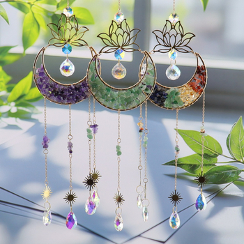 Clopoțel de vânt din cristal natural, cu lotus, lună în formă de semilună și captator de soare, decor suspendat pentru casă – model T75
