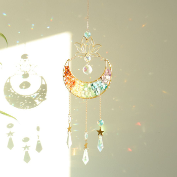 Clopoțel de vânt din cristal natural, cu lotus, lună în formă de semilună și captator de soare, decor suspendat pentru casă – model T75